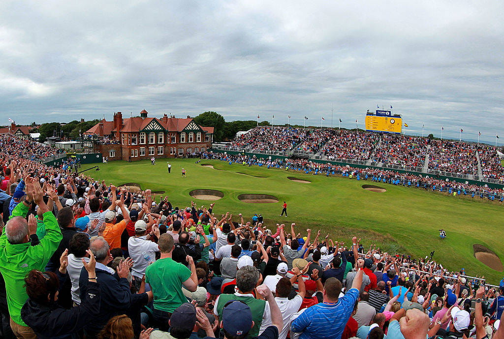 The Royal Lytham & St Annes crowd react to Ernie Els' birdie putt on the 18th at The Open in 2012